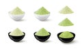 Set of wasabi powder piles with prepared paste in a black bowl isolated on white background